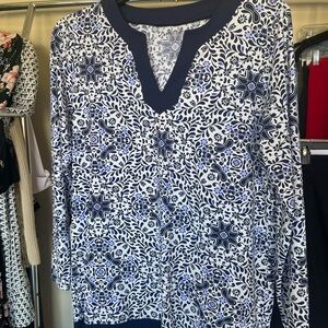 Lands' End Navy and White Patterned Swim Coverup